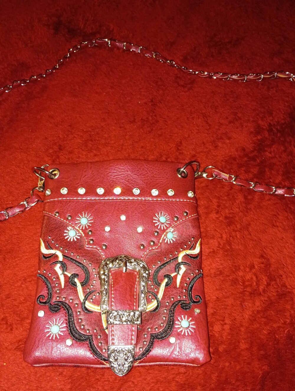 Red Embroidered Crossbody Bag with Decorative Buckle